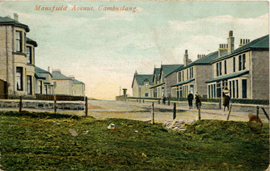 Mansfield Avenue circa 1900, house on left No.15 & lane at side later to beacome Holmhill Avenue - Card dated 1905 - Printed for F. Lithgow, Stationer, Cambuslang